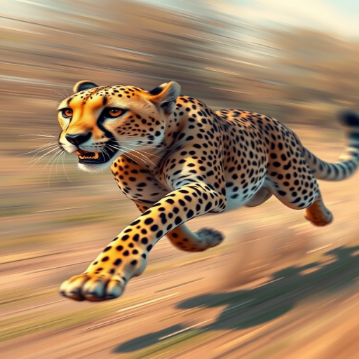Create a dynamic illustration of a cheetah sprinting with vivid colors and sharp details, using a DSLR camera with a 50mm lens at f/2.8, 1/1000s shutter speed, and ISO 200, taken from a low angle to emphasize speed and agility.