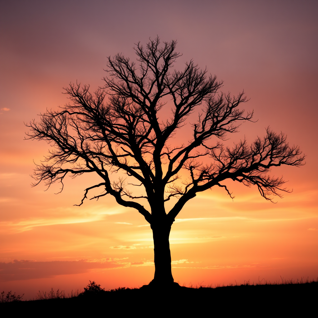 Create a high-resolution image of a silhouetted tree against a sunset sky, using a DSLR camera, with a focal length of 50mm, aperture set to f/2.8, ISO 200, and a slight HDR effect to enhance colors and details.