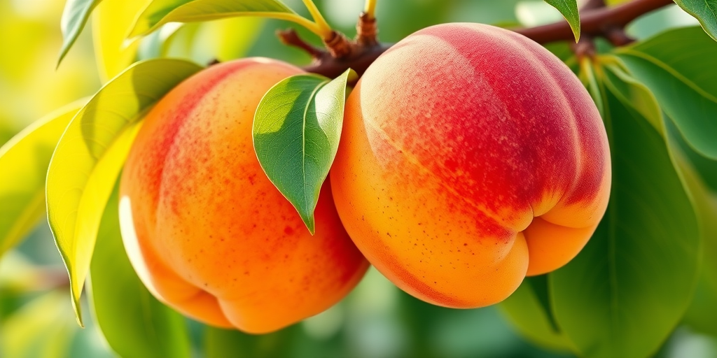 Generate a high-quality illustration of two ripe peaches on a branch with green leaves, using a macro lens at f/2.8 aperture, 1/200s shutter speed, and ISO 100 for sharp details and vibrant colors in a natural light setting.