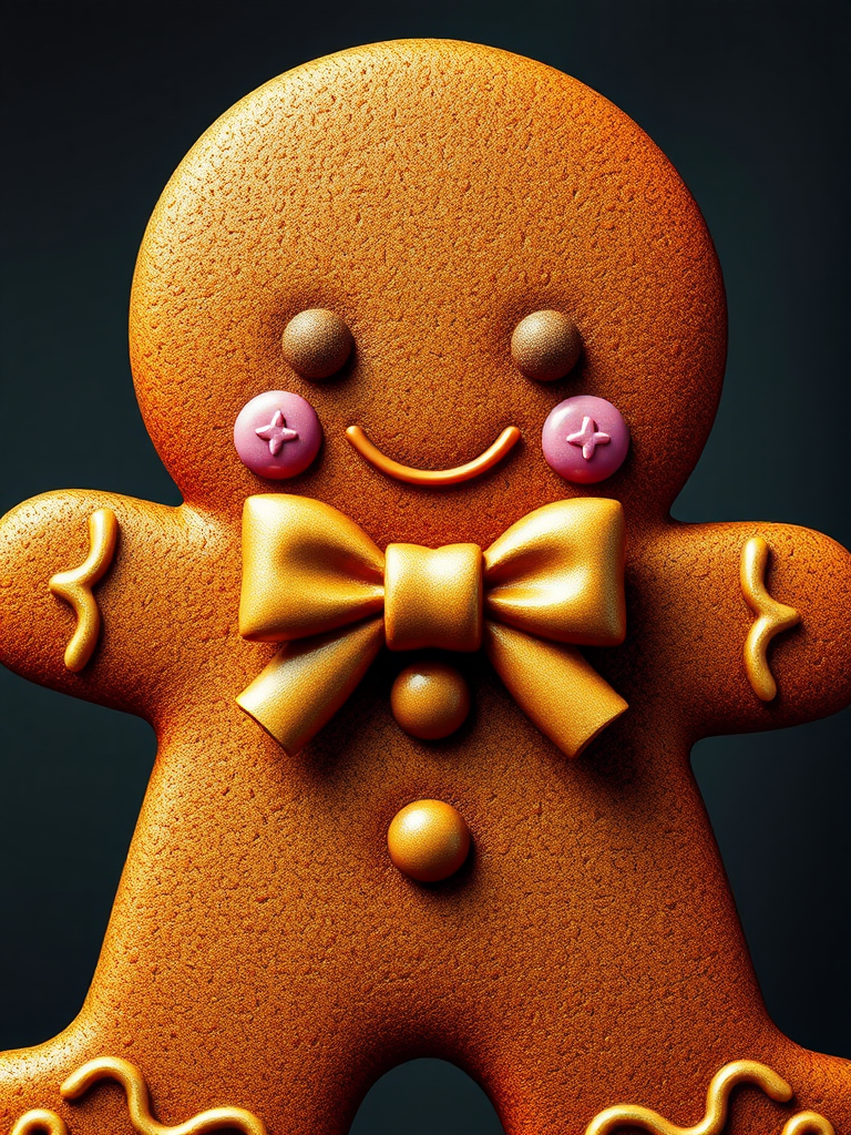 Generate a high-resolution illustration of a gingerbread figure with a decorative bow, featuring a detailed texture; camera settings: ISO 100, f/8, 1/200s; camera view: frontal; camera style: vibrant colors; camera type: DSLR.
