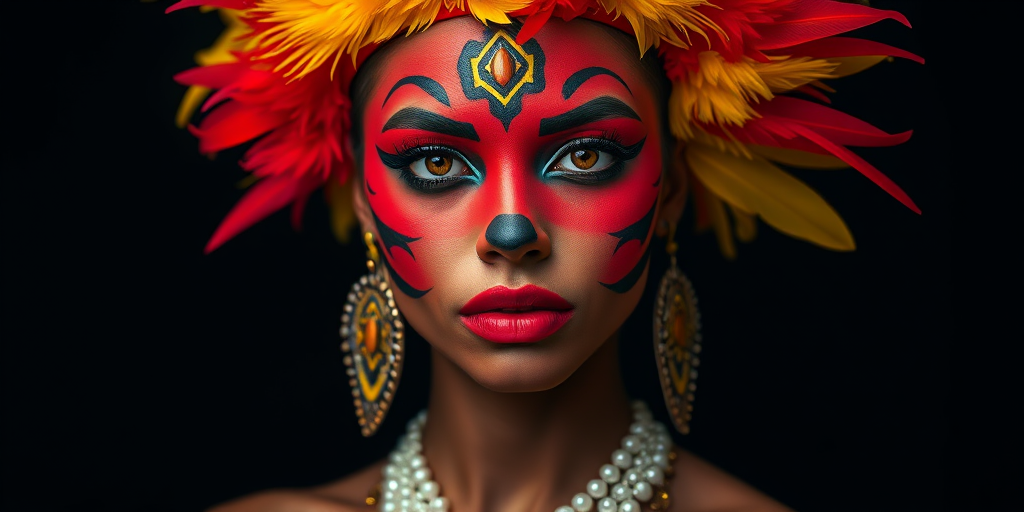 Create a high-resolution portrait of a model with bold face paint in red, black, and yellow, adorned with striking feather accessories, captured with a Canon EOS R5 at f/1.8, ISO 100, 1/200s, utilizing a shallow depth of field and a softbox for even lighting against a black background.