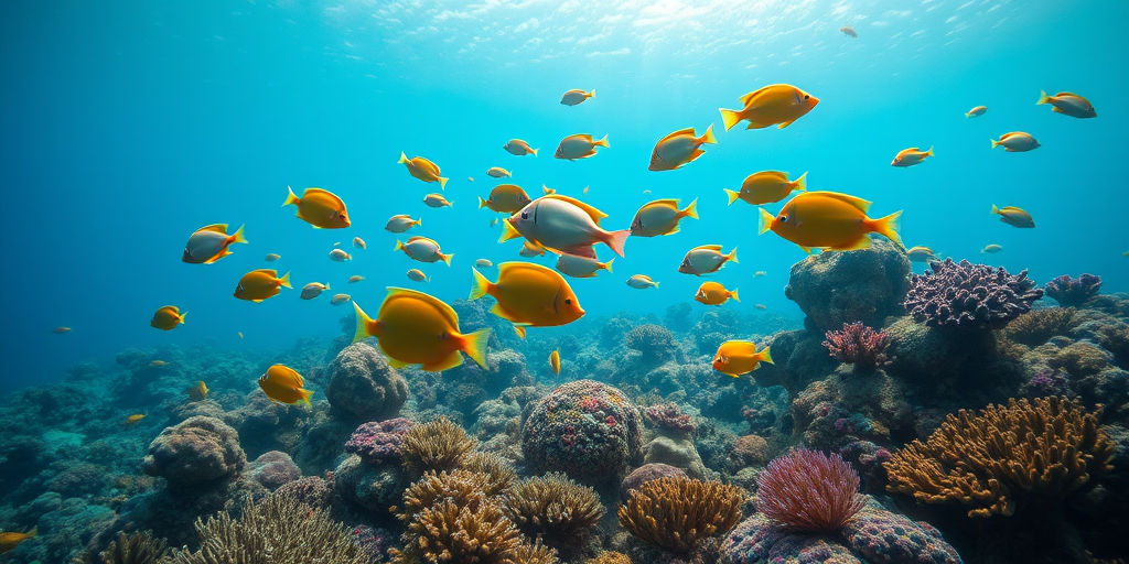 Underwater scene with colorful fish swimming through vibrant coral reefs, soft diffused lighting, shot with a Canon EOS 5D Mark IV, 24mm lens at f/8, ISO 200, 1/125s shutter speed, wide-angle view for depth.