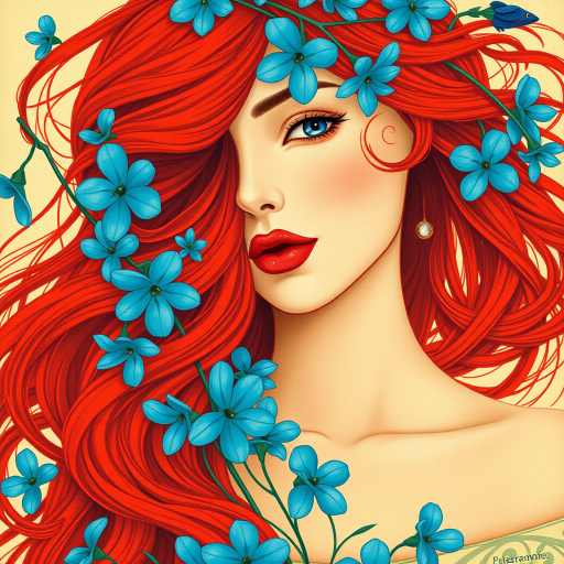 Create a vintage-style illustration of a woman with flowing red hair surrounded by blue flowers, using a DSLR camera with a 50mm lens, f/1.8 aperture, and soft natural lighting to enhance the colors and details.