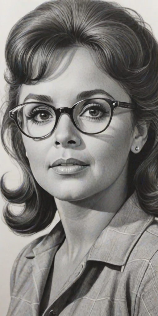Exquisite Dawn Wells, pencil sketch, portrait of Fetching woman 1945s in glasses, hair style beatnik, outline, clear lines, fine lines, 8k