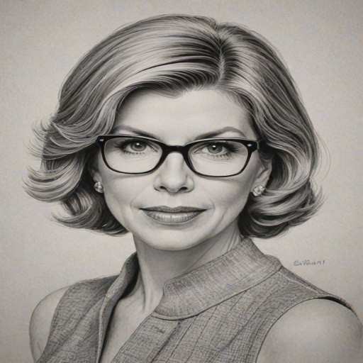 Elegant Christine Baranski, pencil sketch, portrait of Charming woman 1962s in glasses, hair style beatnik, outline, clear lines, fine lines, 8k