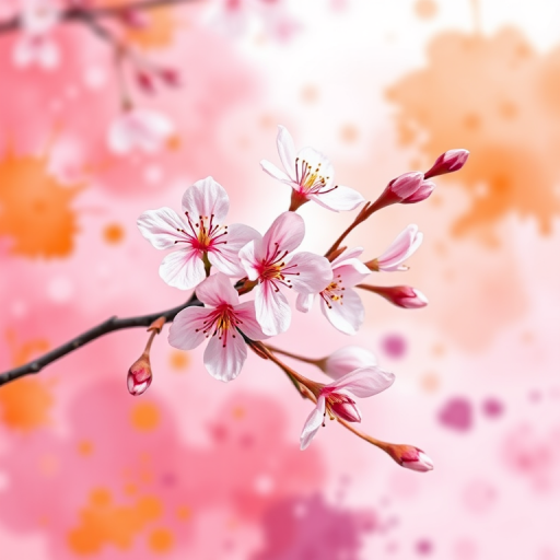 a high-resolution watercolor illustration of a delicate pink cherry blossom branch against a vibrant abstract background with splashes of orange and purple, captured with a Canon EOS 5D Mark IV, 50mm lens, aperture f/2.8, ISO 100, shallow depth of field, soft natural light