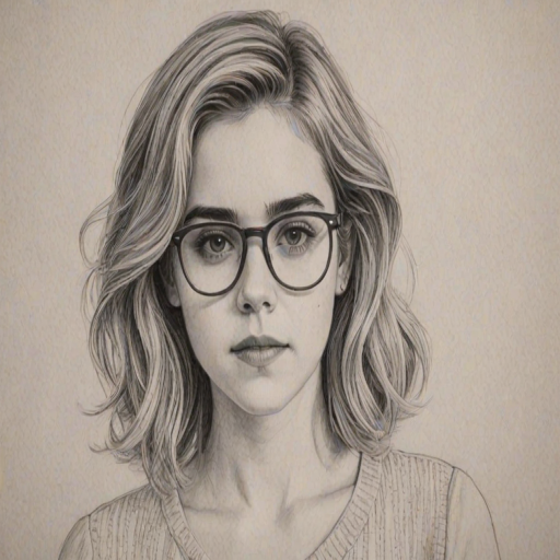 Delightful Kiernan Shipka, pencil sketch, portrait of Enticing woman 1977s in glasses, hair style beatnik, outline, clear lines, fine lines, 8k