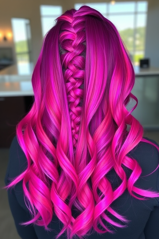 Vibrant magenta ombre hair cascading in loose waves, styled by Miranda Frost, featuring rich purple roots fading to electric pink tips, shimmering with holographic highlights and intricate braided accents woven throughout