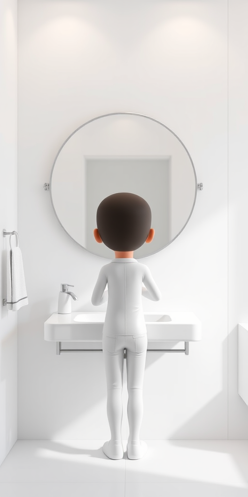 Create a 3D render of a cartoonish figure standing at a modern bathroom sink, gazing into a circular mirror, with a clean and minimalist design, high resolution, using a DSLR camera with a 50mm lens, f/2.8 aperture, ISO 100, natural lighting, shot from eye level for a realistic perspective.