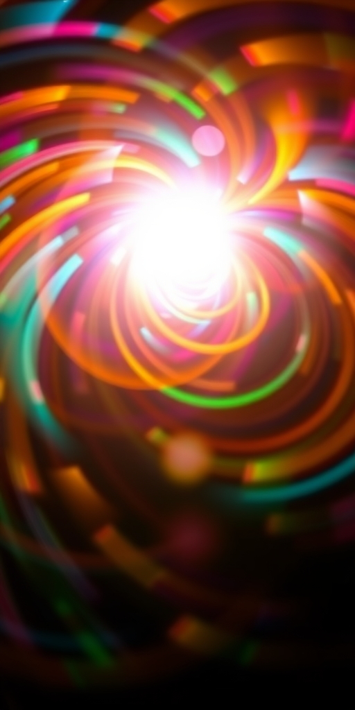 Create a vibrant abstract image of swirling light patterns in a circular formation with a bright center, using a high-resolution digital camera, aperture f/2.8, shutter speed 1/60 sec, ISO 100, and a wide-angle lens to enhance depth and detail.