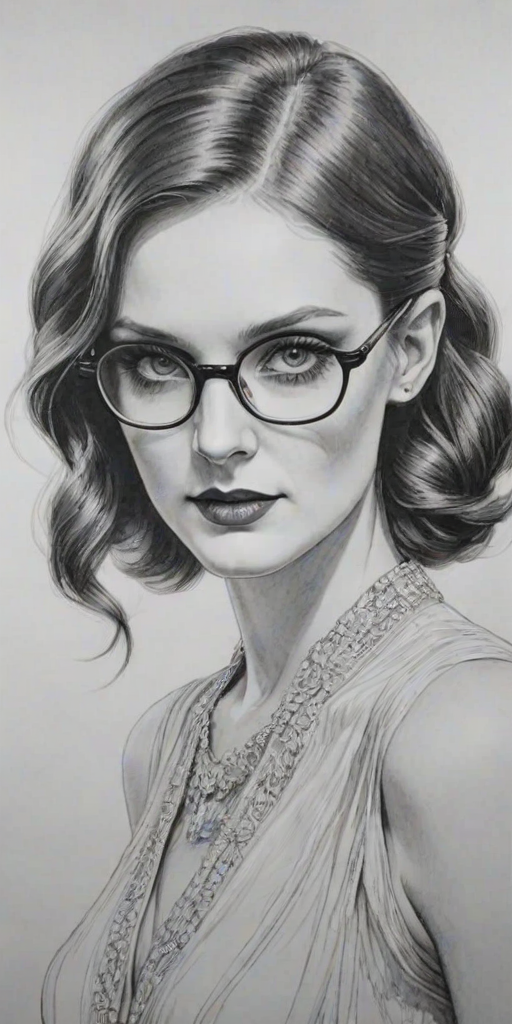 Magnificent Lydia Hearst, pencil sketch, portrait of Enticing woman 1920s in glasses, hair style beatnik, outline, clear lines, fine lines, 8k