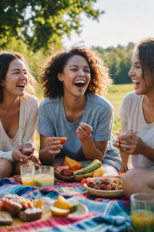 Blurry candid shot of a woman laughing with friends at an outdoor picnic, vibrant blankets spread out on the grass, and colorful food spread out around them under a clear blue sky.