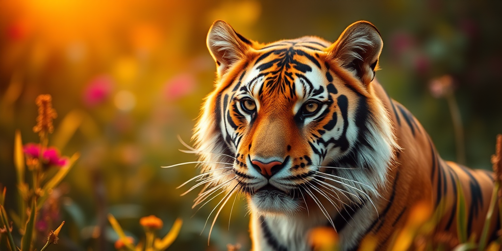 Capture a close-up portrait of a tiger in a lush, colorful environment during golden hour using a DSLR camera, 50mm lens, aperture f/1.8, ISO 100, shutter speed 1/200s, with a shallow depth of field to enhance the bokeh effect.