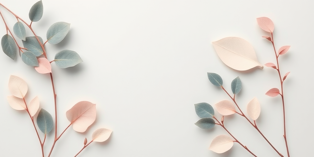 Generate a minimalist abstract background featuring stylized leaves and organic shapes in soft pastels, f/8 aperture, 50mm lens, 1/125 shutter speed, natural lighting, shot from a top-down view with an emphasis on flat lay composition.
