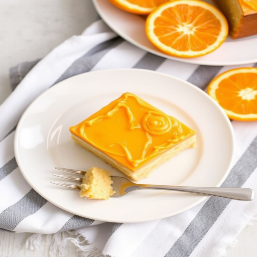 A slice of cake with orange frosting on a white plate placed on a striped cloth with orange slices in the background and a fork beside the plate.