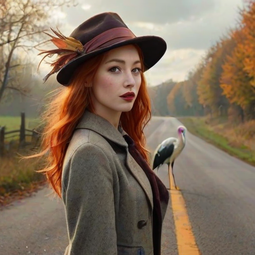 digital art fantasy depicting a strange girl with red hair, long eyelashes, brown lipstick and a tall hat walking along a winding road on an autumn afternoon, an Stork smiles as she passes