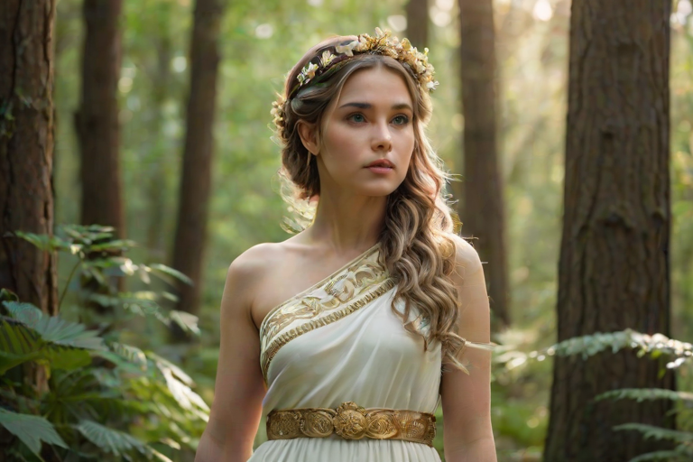 Create a portrait of a goddess-like female figure in a tranquil, forested environment. She has an elegant appearance with long, wavy hair styled in an updo and adorned with a delicate, floral headband. She wears a flowing, ancient Greek-inspired gown in a soft, pale color, featuring a one-shoulder design and draped fabric that accentuates her graceful form. The outfit includes a decorative belt with ornate gold detailing, and she holds a bow in her hand, with a quiver of arrows slung over her shoulder. The background depicts lush greenery, with sunlight filtering through the trees, casting a gentle, ethereal light on the scene. Her expression is calm and contemplative, embodying a sense of wisdom and serenity.