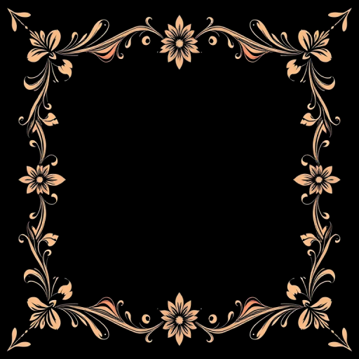 Create an elegant rectangular frame with intricate floral designs in the corners on a black background, using a Canon EOS 5D Mark IV camera, shot at f/2.8 aperture, ISO 100, with a 50mm lens in portrait orientation.