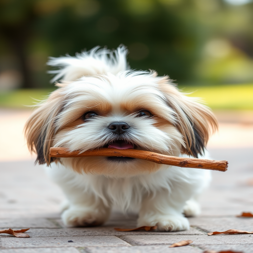 Create a high-resolution image of a fluffy Shih Tzu dog playing outdoors with a stick in its mouth, shot in natural light with a shallow depth of field, using a 50mm lens at f/2.8, ISO 200, and a shutter speed of 1/400 sec, maintaining a slightly low angle view for depth and focus on the dog's expression.