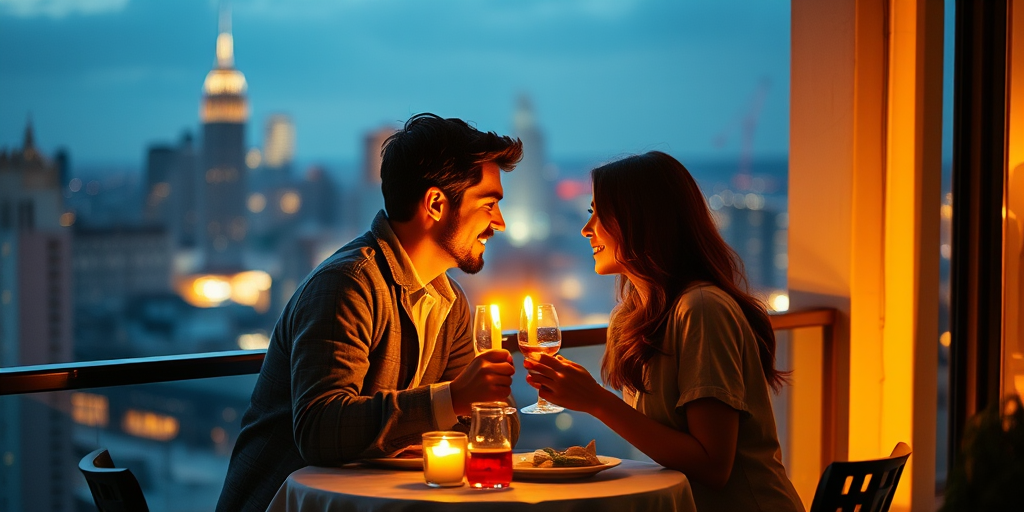 Warmly lit image of a couple sharing a romantic candlelit dinner on a balcony overlooking a city skyline, soft glow from the candles casting warm shadows on their faces, with distant lights twinkling in the background.