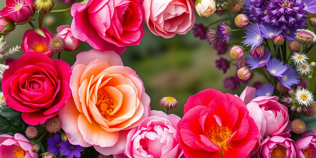 Generate a high-resolution floral frame image with vibrant roses, peonies, and assorted wildflowers, using a DSLR camera at f/2.8 aperture, ISO 100, and a 50mm lens in macro view, ensuring sharp focus and rich colors.