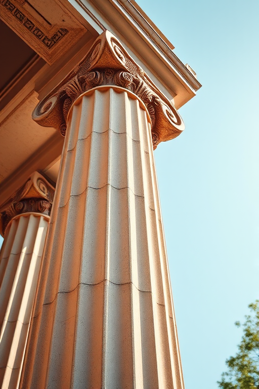 Create a high-resolution photo of a classic Corinthian column featuring intricate scrollwork at the top, captured with a DSLR camera at f/8 aperture, ISO 100, and a focal length of 50mm, using a slight low-angle view to emphasize height and grandeur, with natural soft daylight lighting for enhanced clarity and detail.