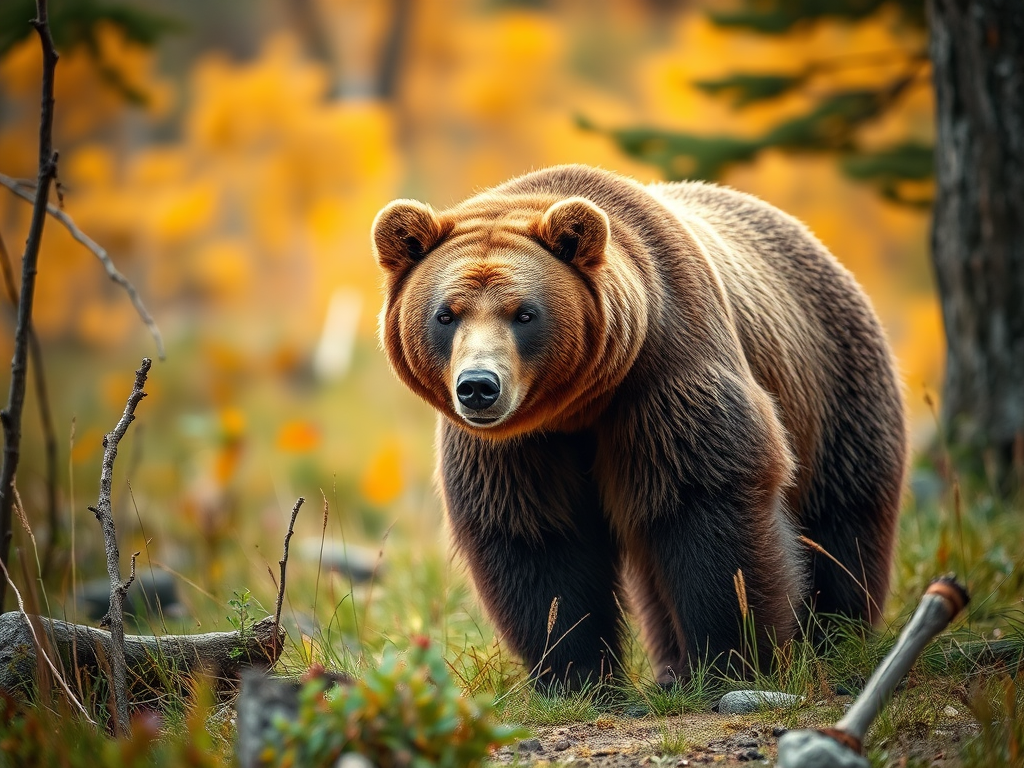 A highly detailed, lifelike bear standing in a natural setting with vibrant colors, using a DSLR camera with a 50mm lens, f/1.8 aperture, ISO 200, and soft natural lighting for enhanced texture and depth.