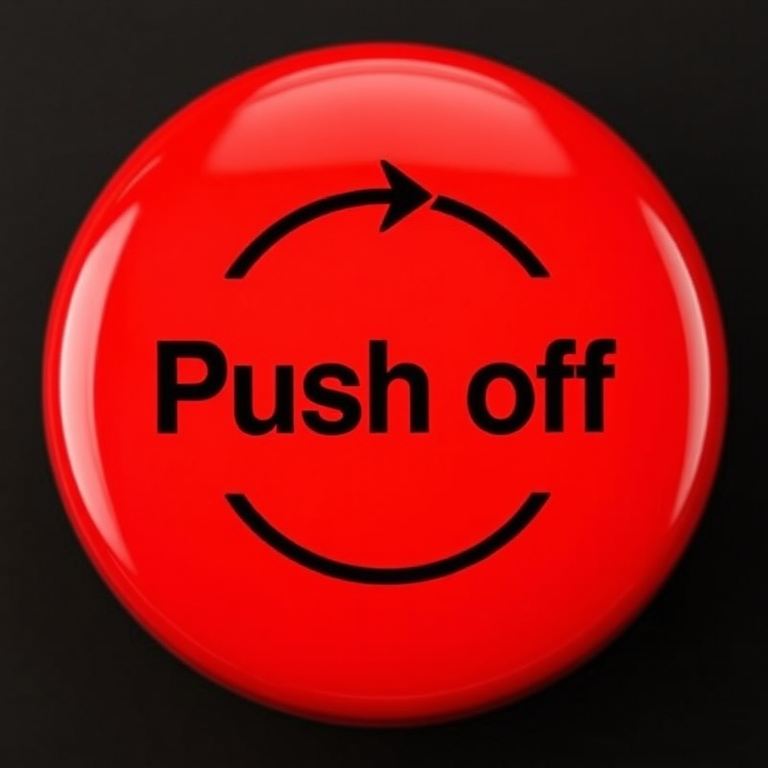Create a high-resolution image of a round red button with a glossy finish and a large text label saying "Push off" in bold black, with a circular arrow design around it, photographed from a top-down perspective using a DSLR camera at f/5.6 aperture, ISO 100, 1/60 shutter speed.