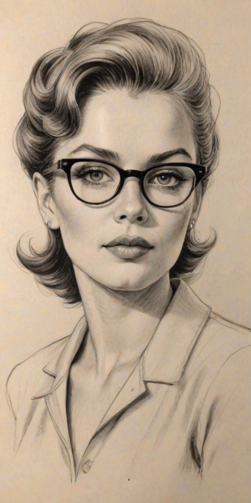 Bewitching Robyn, pencil sketch, portrait of Splendid woman 1952s in glasses, hair style beatnik, outline, clear lines, fine lines, 8k