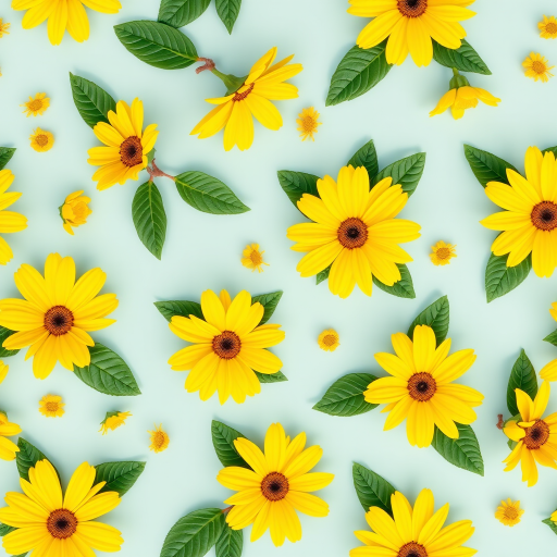 Create a seamless pattern of yellow flowers with green leaves on a light blue background, captured with a DSLR camera at f/8 aperture, ISO 200, 50mm lens, top-down view, vibrant colors.