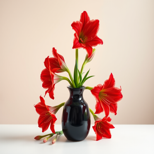 Capture a still life of vibrant amaryllis flowers in a classic dark ceramic vase against a soft gradient background, using a DSLR camera with a 50mm lens, aperture f/2.8, ISO 100, and a 1/125s shutter speed for optimal depth of field and clarity.