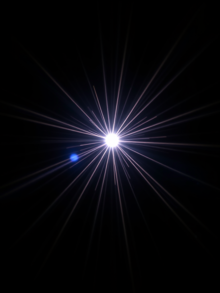 Create a high-resolution image of a starburst effect with rays of light radiating outward on a black background, using a DSLR camera with a 24mm lens at f/8, ISO 100, and a 1/60s shutter speed, shot from a dynamic perspective with a wide-angle view.