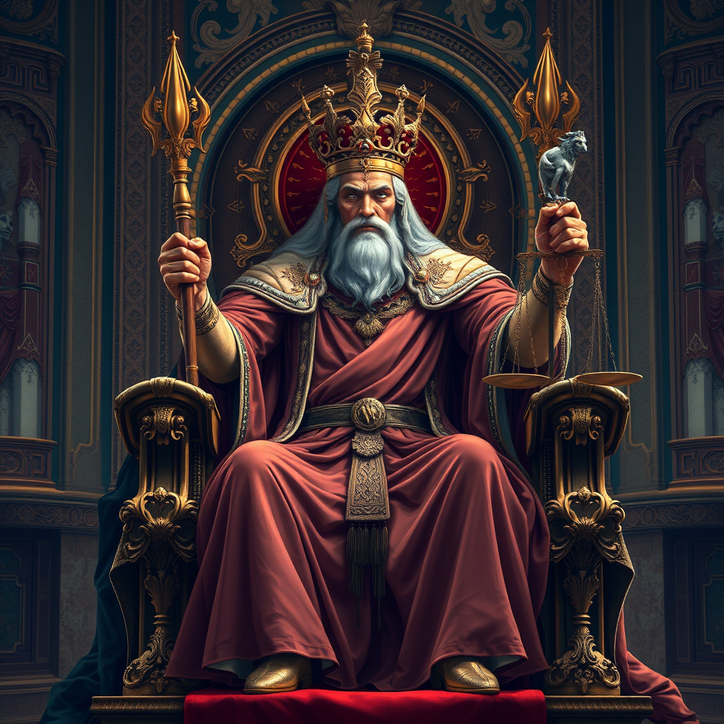 Create a highly detailed illustration of a regal figure seated on a throne, holding a scepter and scales, with a richly decorated background, shot with a DSLR camera using a 50mm lens at f/1.8, ISO 200, 1/125 sec, in natural soft lighting to enhance textures and details.