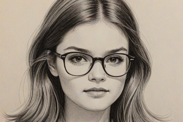 Attractive Ciara Bravo, pencil sketch, portrait of Resplendent woman 1970s in glasses, hair style beatnik, outline, clear lines, fine lines, 8k