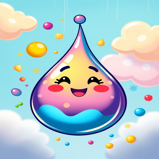 generate a vibrant cartoonish illustration of a colorful droplet with a happy face surrounded by playful clouds and colorful droplets in a whimsical style, using a Canon EOS R5 with a 50mm lens, aperture f/1.8, ISO 100, and a low-angle perspective to enhance the bright colors and details.