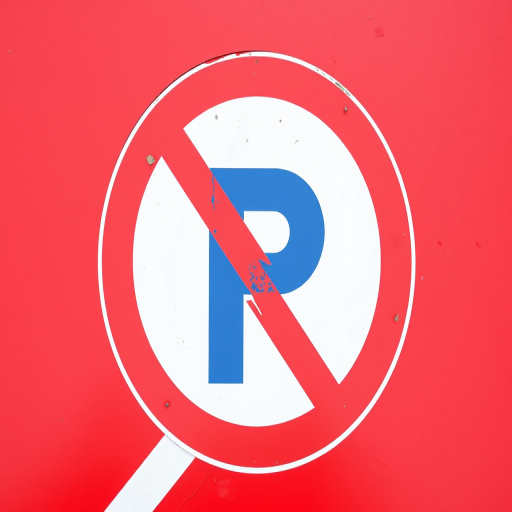 Generate a high-resolution circular no parking sign on a solid red background with a blue circle and diagonal line, shot with a DSLR camera at f/8, ISO 100, 50mm lens, top-down view, natural lighting.