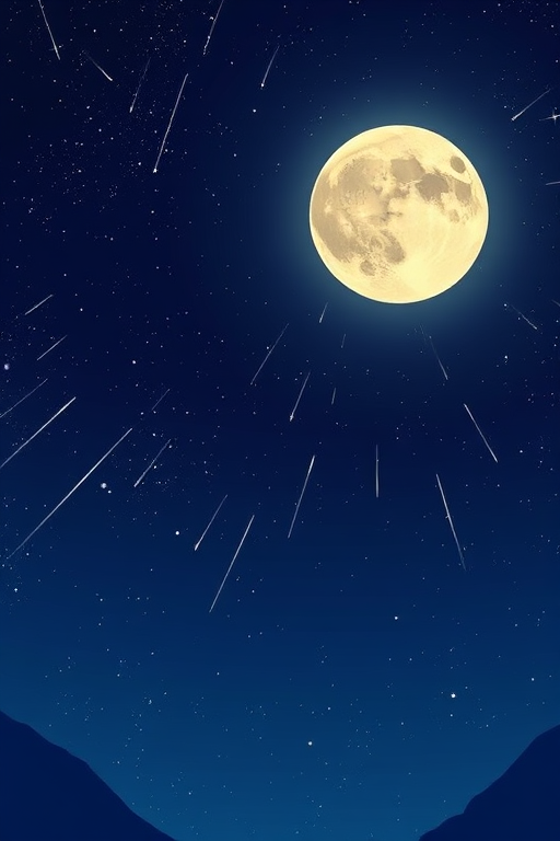 Create an illustration of a night sky with a large bright moon and shooting stars, using a digital art style, 4K resolution, wide-angle view, f/2.8 aperture, 1/60 shutter speed, and a soft focus effect.
