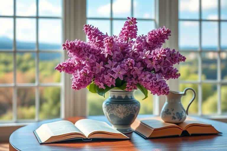 Create an image of a vibrant lilac bouquet in an ornate vase placed on a wooden table, with an open book and a decorative ceramic pitcher beside it, set against a large window that reveals a lush landscape and blue sky; use a DSLR camera with a 50mm lens, aperture set to f/1.8 for a shallow depth of field, and natural lighting to enhance the colors and details.