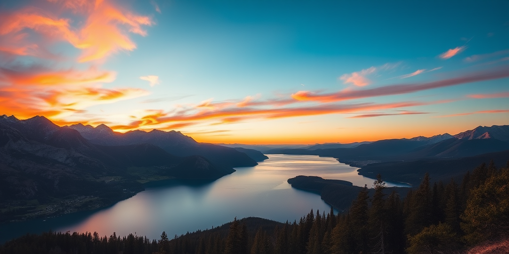 Generate a high-resolution image of a nature landscape featuring a serene lake surrounded by mountains at sunset, with vibrant colors in the sky, captured with a Canon EOS R5, 24mm lens, f/8 aperture, ISO 100, 1/125 sec exposure, using a wide-angle view for depth.
