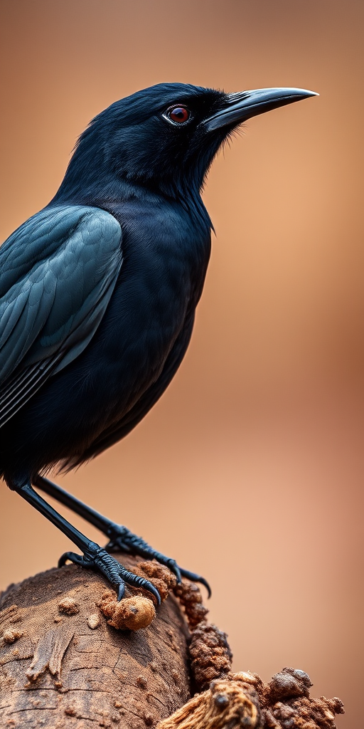 Close-up shot of a majestic blackbird perched on a log with a blurred brown background, using a Canon EOS 5D Mark IV, 85mm lens, aperture f/1.8, shutter speed 1/1000s, ISO 200, soft natural lighting.