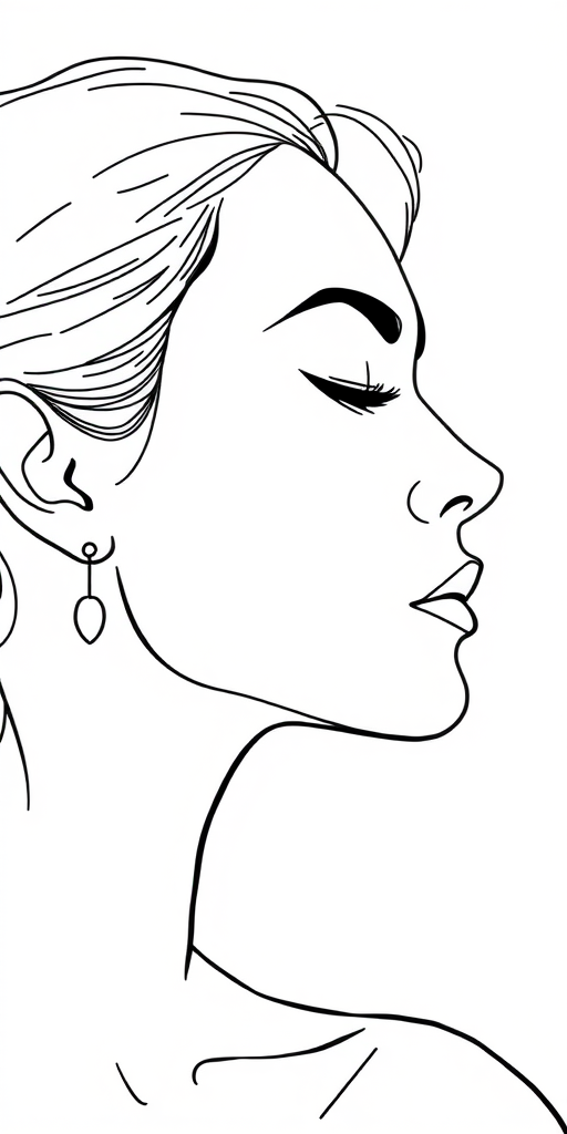 Create a minimalist line art portrait of a person with a serene expression, showcasing a side profile with exaggerated facial features, soft curves, and elegant earrings, using a Canon EOS R camera, 50mm lens, f/1.8 aperture, ISO 100, 1/200 sec shutter speed, natural light, high contrast monochrome style.