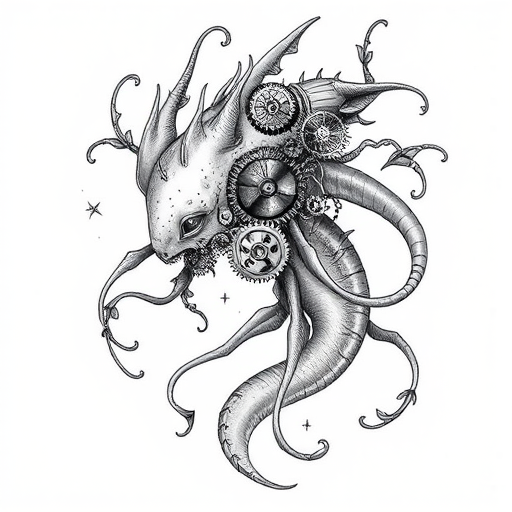 Surrealist bio-organic tattoo depicting a hybrid creature with mechanical gears and flowing tendrils, incorporating elements of steampunk and art nouveau styles in a monochromatic grayscale palette
