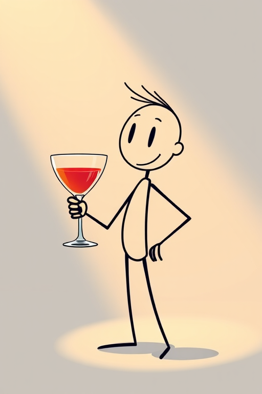 create a vector-style illustration of a simplistic stick figure character holding a cocktail glass, using soft lighting and a clean background, with a focus on vibrant colors and smooth lines, captured with a DSLR camera at f/2.8, ISO 100, 50mm lens, with a shallow depth of field and an eye-level view to enhance detail and quality.