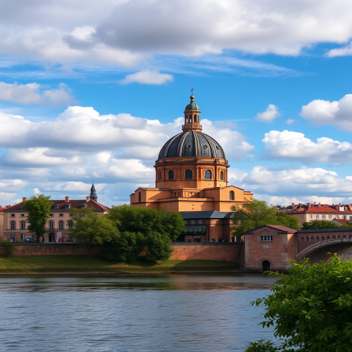 regenerate a picturesque view of Toulouse, showcasing the dome of the Church of the Jacobins along the riverbank under a partly cloudy sky, captured with a Canon EOS 5D Mark IV, aperture f/8, ISO 100, shutter speed 1/250s, using a wide-angle lens at 24mm for enhanced depth and clarity.