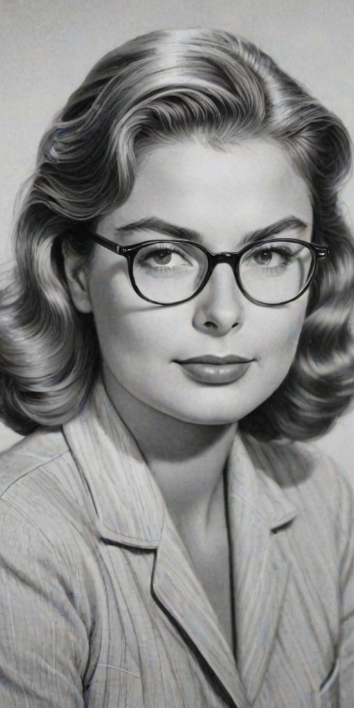 Gorgeous Ingrid Bergman, pencil sketch, portrait of Radiant woman 1945s in glasses, hair style beatnik, outline, clear lines, fine lines, 8k