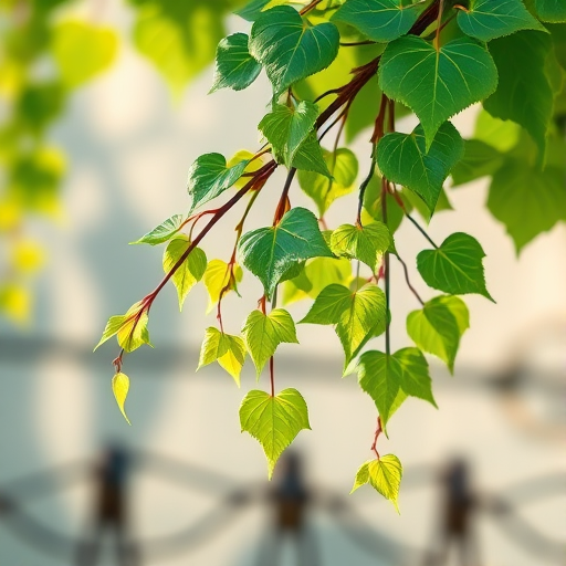 Create a detailed illustration of a vine with delicate green leaves hanging down, captured using a DSLR camera with a 50mm lens, aperture f/2.8, ISO 100, and natural lighting to enhance color vibrancy and depth.