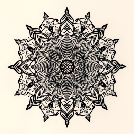 Dotwork mandala tattoo named "Cosmic Harmony" featuring intricate patterns and sacred geometry, created entirely with thousands of tiny dots in varying densities to achieve a mesmerizing 3D effect