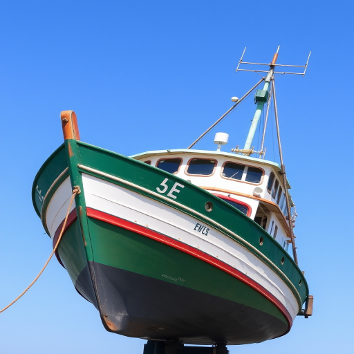 A vintage fishing boat with green and white colors, moored against a clear blue sky, taken with a DSLR camera at f/5.6, ISO 100, 1/250s, using a 35mm lens in a portrait view for enhanced detail and clarity.
