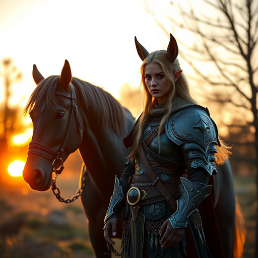 create a fantasy scene of a warrior elf with elaborate armor standing next to a majestic horse at sunset, captured with a DSLR camera, 50mm lens, f/1.8 aperture, ISO 100, golden hour lighting, shallow depth of field, and vivid colors