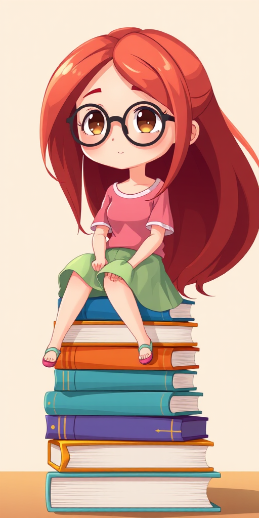 Generate a high-resolution cartoon-style illustration of a girl with long, flowing red hair sitting on a stack of colorful books, wearing glasses and a pink top with a light green skirt, sharp focus, 50mm lens, f/2.8 aperture, natural lighting, digital illustration style.